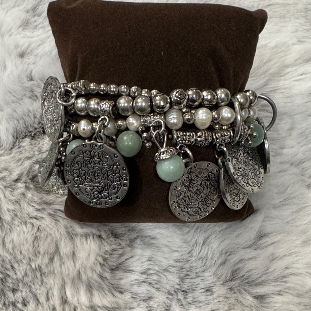 Boho Silver Charm Bracelet | Layered Beads, Pearls & Green Stone Accents